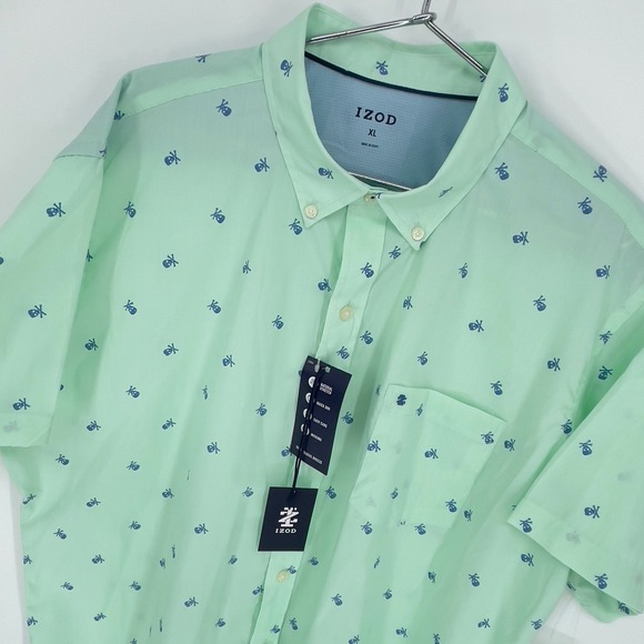 IZOD XL Mens Button Down Short Sleeve Skull Print Mint Green/Navy Shirt Top - Picture 1 of 8
